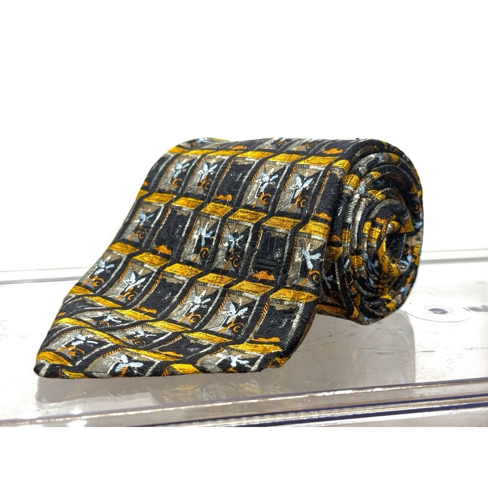 Ermenegildo Zegna Tie Black Gold Blue Geometric Silk Necktie Italy Lux Exclusive